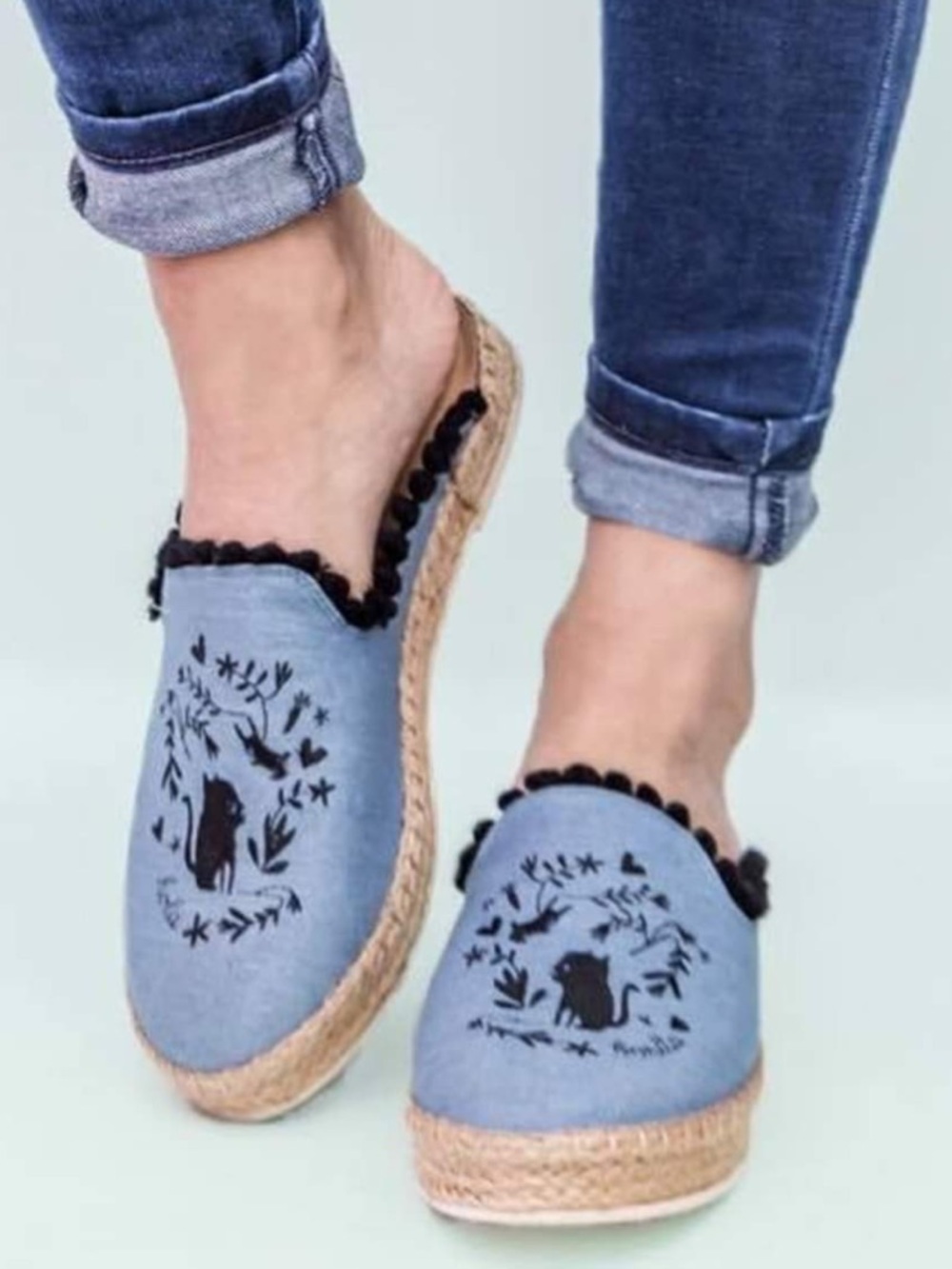 Boho Cottagecore Loly in the Sky Embroidered Cat Espadrilles Sz 8